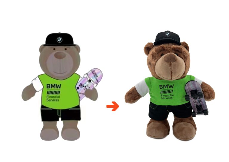 Design sketch of a BMW-branded teddy bear mascot next to the finished plush toy