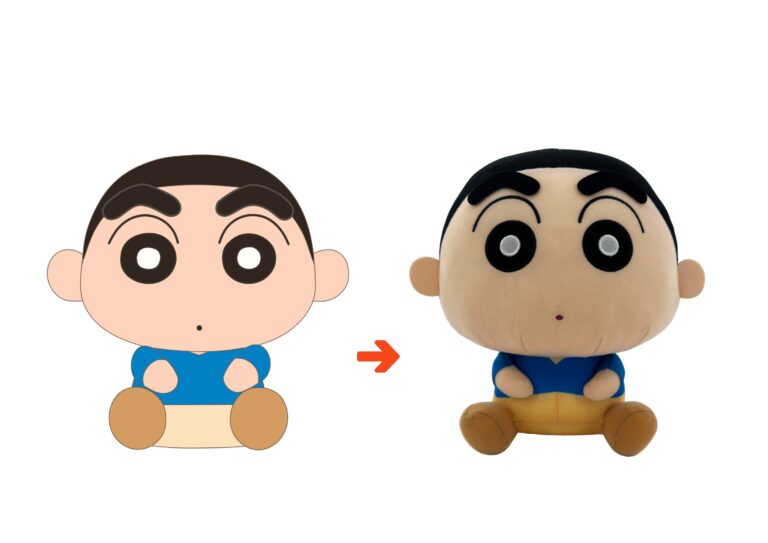 Licensed cartoon character plush shown next to its original design artwork