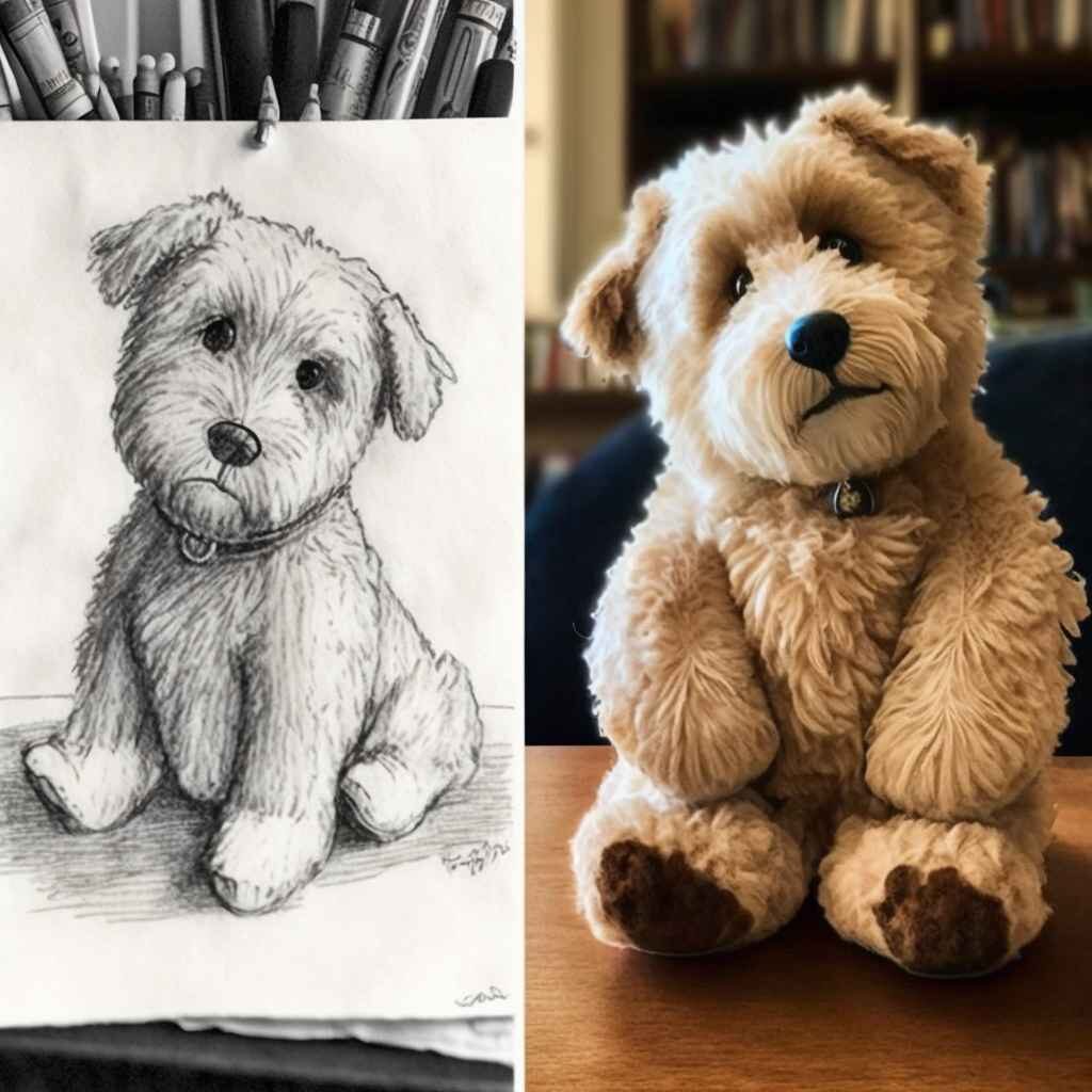 Pencil sketch of a puppy beside the finished fluffy beige plush dog made from it