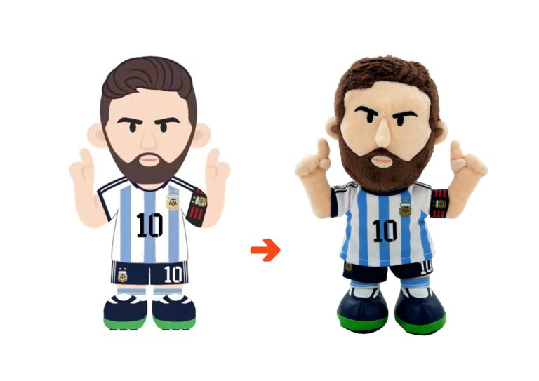 Licensed footballer character plush in team kit next to its design artwork