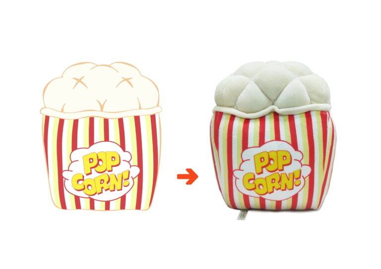 Popcorn box mascot design sketch beside the finished plush toy