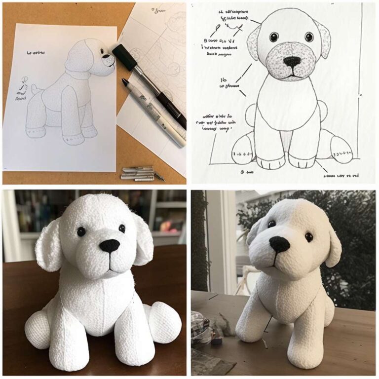 Four-step collage: pencil sketch, annotated pattern drawing and finished white plush dog sample