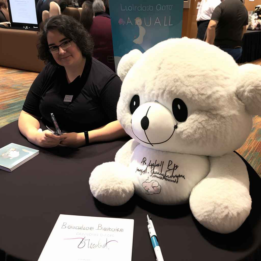 Author signing beside plush