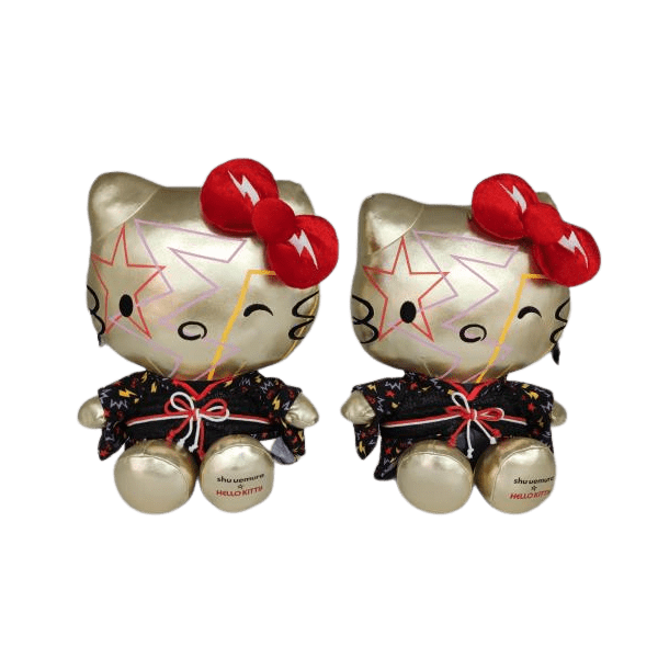 Pair of licensed Hello Kitty plush toys in gold and black produced for a brand promotion