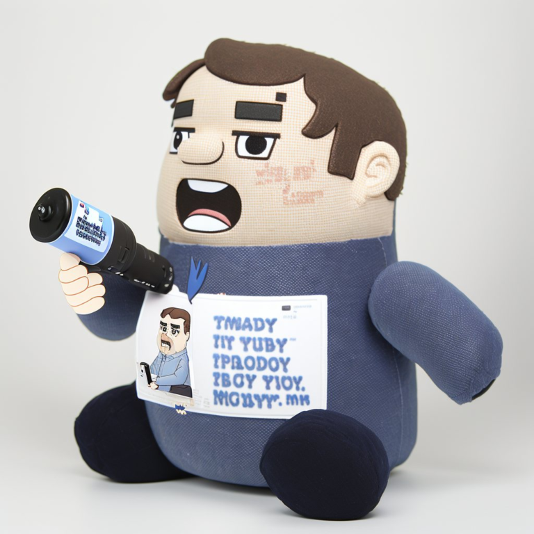 Custom plush of a company mascot character holding a branded sign