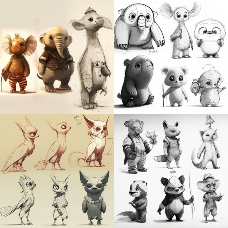 Sheet of character concept sketches exploring poses and expressions for a plush design
