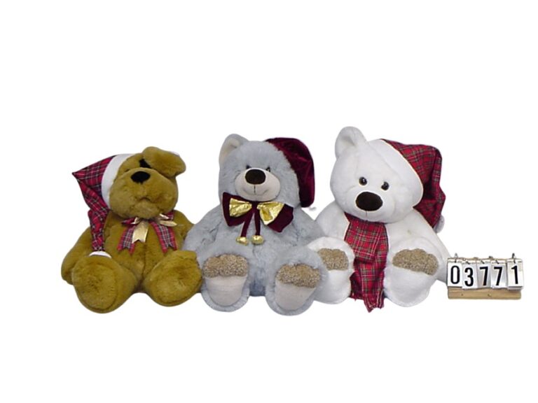 Three plush teddy bears in red bandanas and bows beside a sample number tag