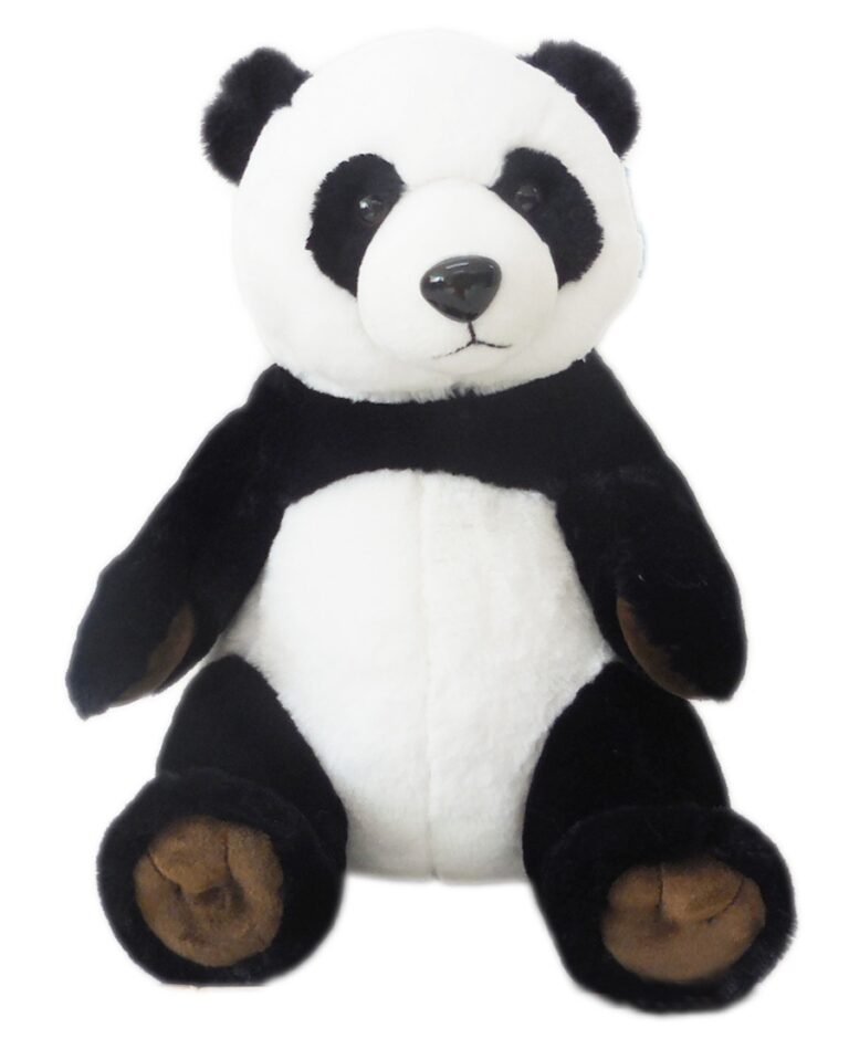 Black and white plush panda mascot for a restaurant chain, sitting upright with brown paw pads