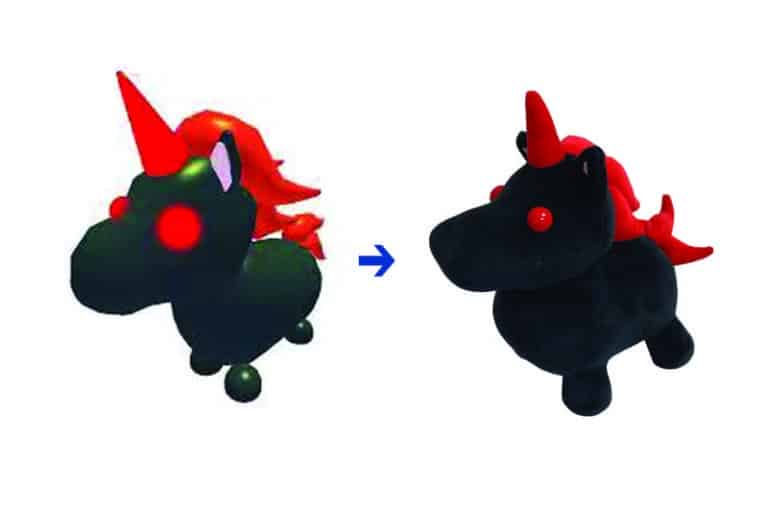 Black dragon creature design artwork beside the finished custom plush toy