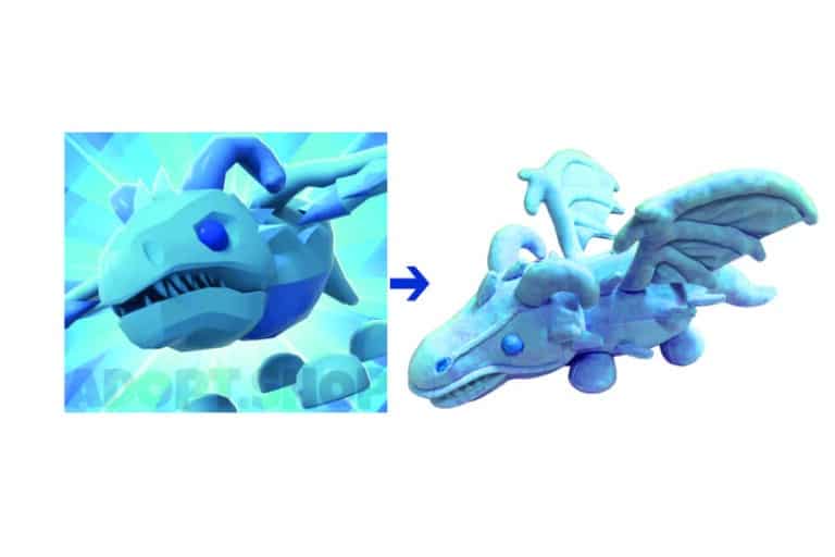 Blue dragon character design artwork beside the finished custom plush toy