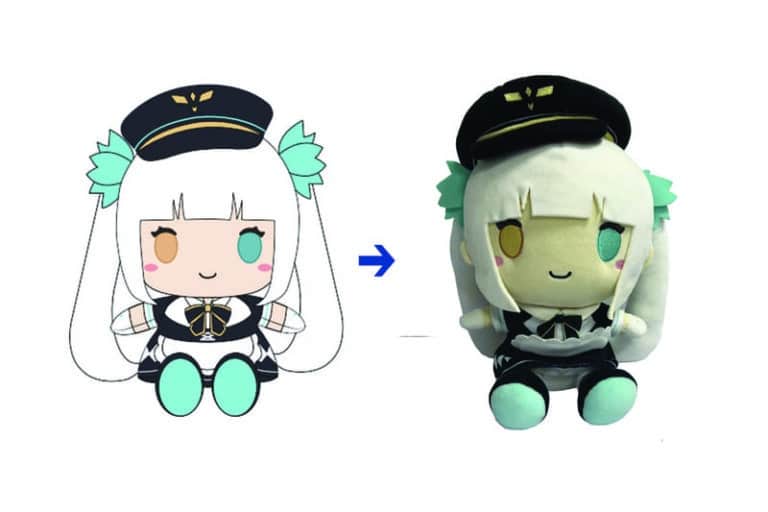 Anime girl character design artwork beside the finished custom plush toy made from it