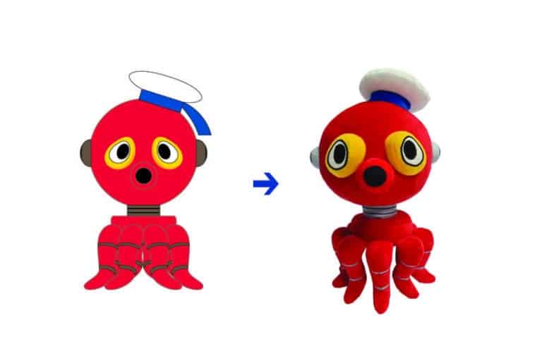 Red octopus robot character design artwork beside the finished custom plush toy