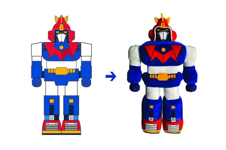 Mecha robot character design artwork beside the finished custom plush toy